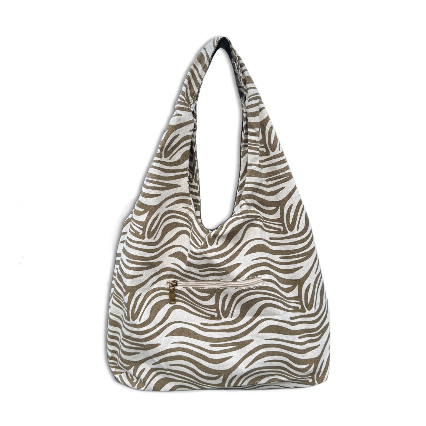 Borsa a sacca hobo da spiaggia in resistente tessuto canvas zebrato bianco e nero. Modello ultra leggero e capiente con manico largo da spalla. Dotata di una comoda tasca esterna posteriore con cerniera per gli oggetti personali. L'accessorio perfetto, comodo e super chic per completare i tuoi outfit estivi da spiaggia o piscina.