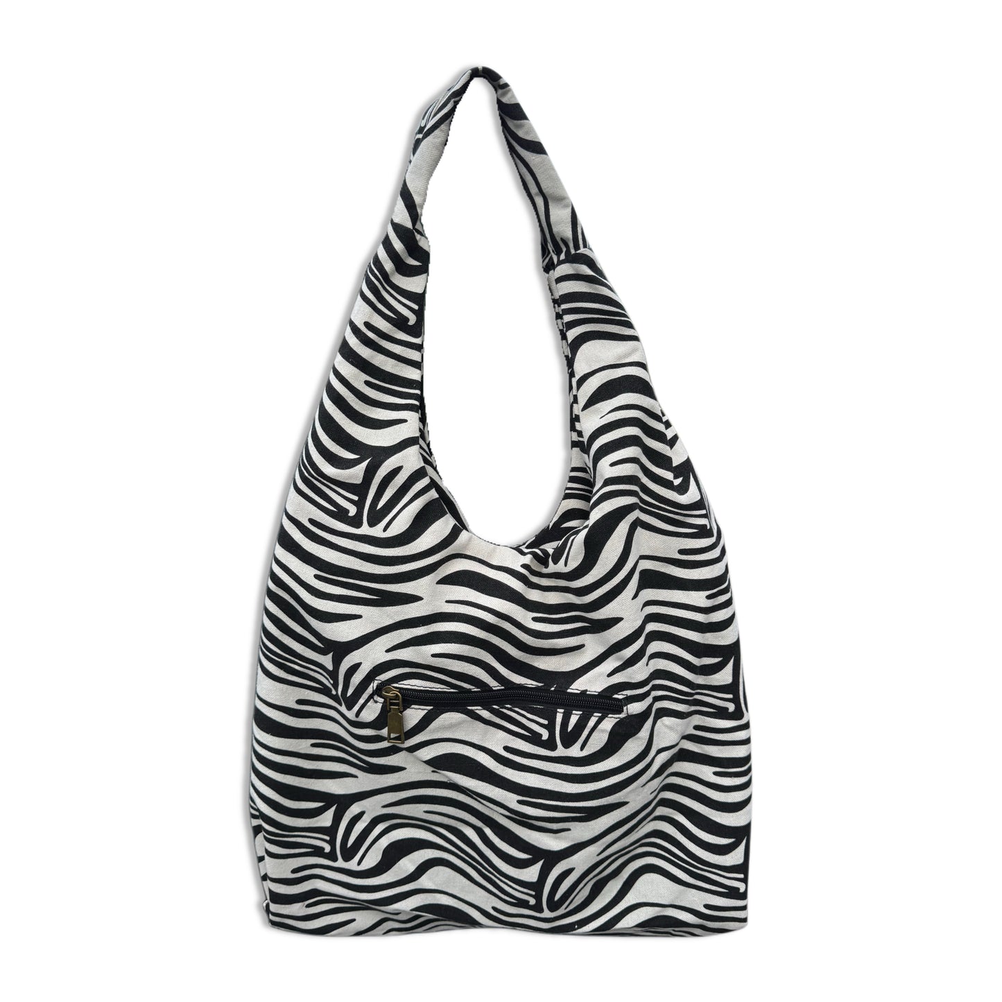 Borsa a sacca hobo da spiaggia in resistente tessuto canvas zebrato bianco e nero. Modello ultra leggero e capiente con manico largo da spalla. Dotata di una comoda tasca esterna posteriore con cerniera per gli oggetti personali. L'accessorio perfetto, comodo e super chic per completare i tuoi outfit estivi da spiaggia o piscina.