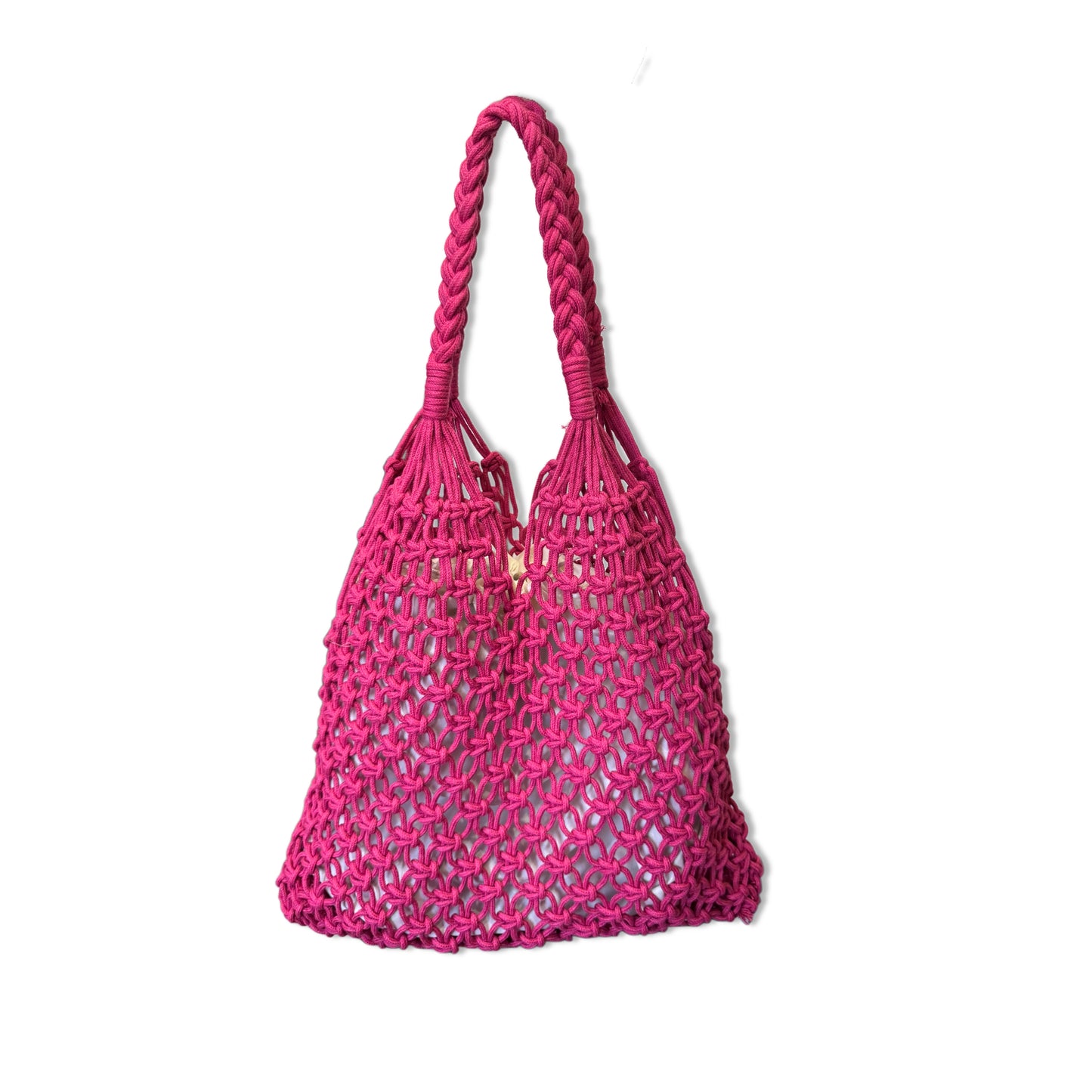 Borsa a spalla stile hobo in corda intrecciata a rete fitta color magenta. Un modello estivo leggerissimo e flessibile, perfetto per il mare o per il tempo libero. Caratterizzata da un comodo manico intrecciato e da una sacca interna removibile in tessuto per custodire gli oggetti personali. Un accessorio fresco, capiente e ricco di stile.